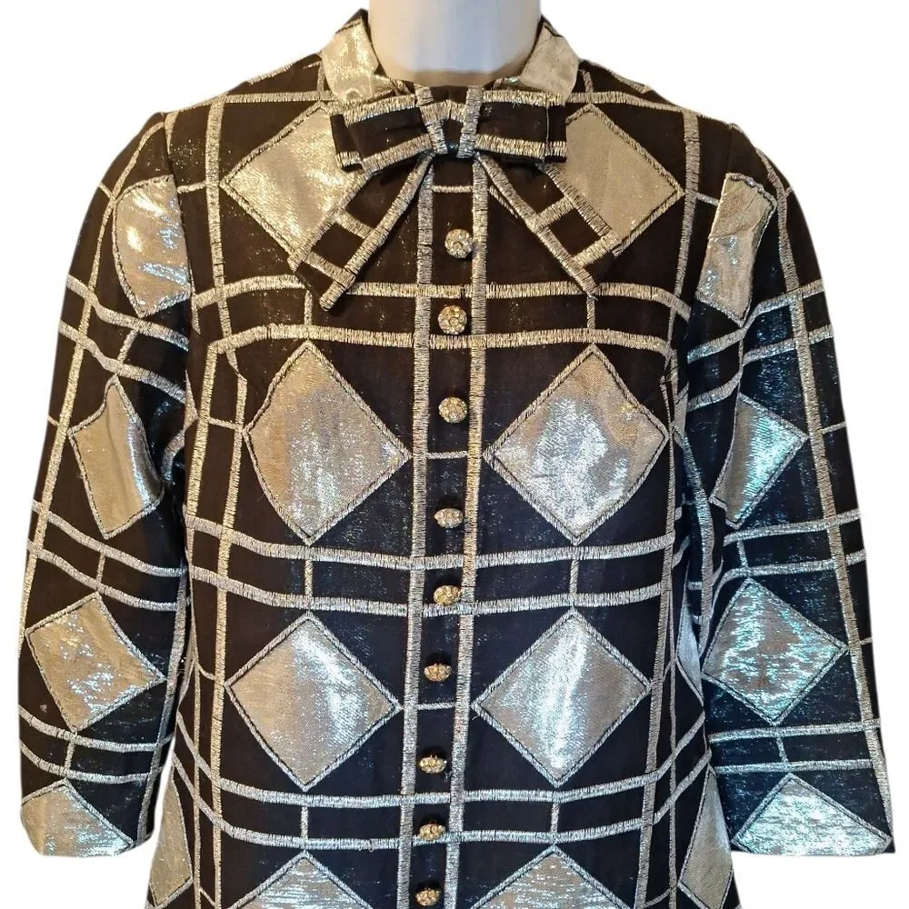 Eloise Curtis for David Styne 60s silver black metallic A line dress size S - Picture 2 of 9